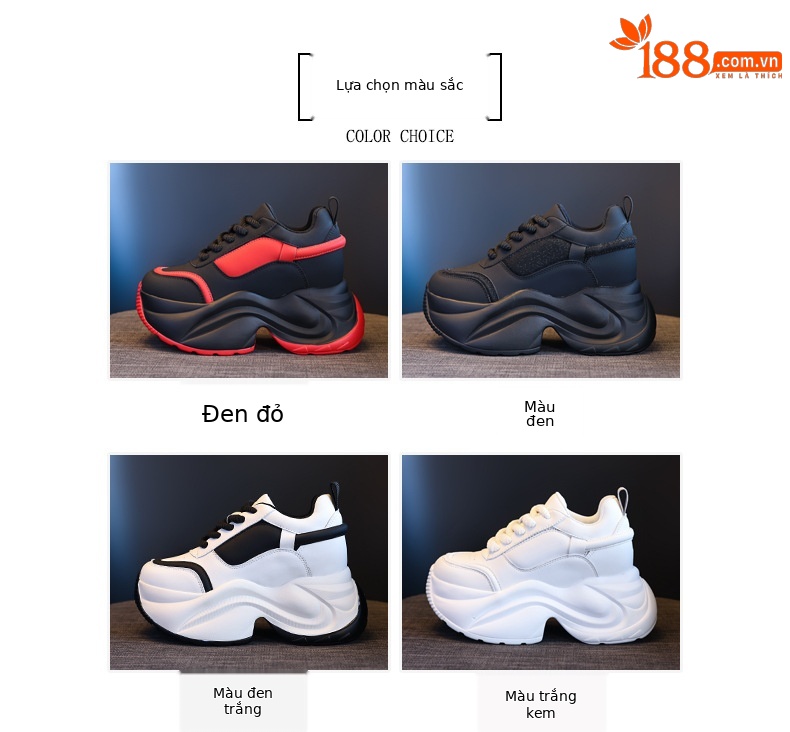 Giày sneaker nữ đế dày phối màu tăng chiều cao — Đen đỏ lót nhung chi tiết 2
