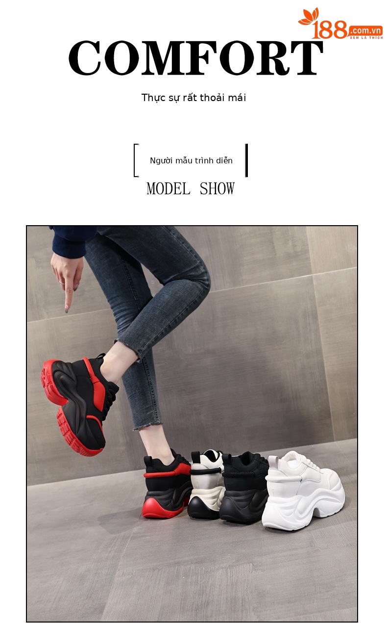 Giày sneaker nữ đế dày phối màu tăng chiều cao — Đen đỏ lót nhung chi tiết 11