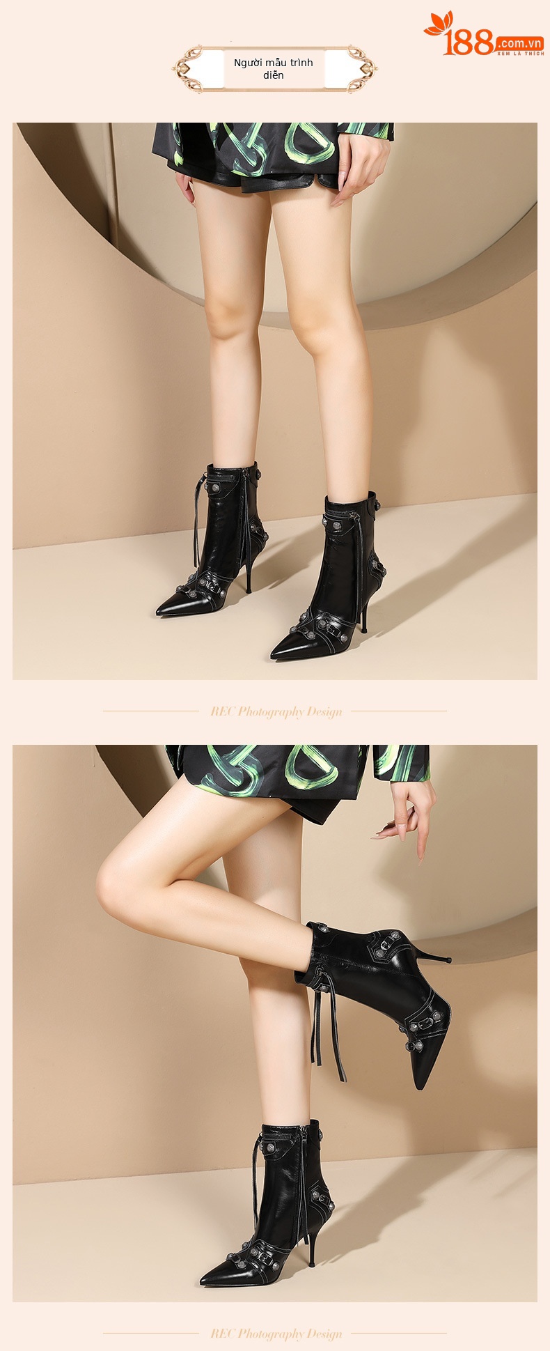 Boot ngắn mũi nhọn đinh tán phong cách punk gót nhọn dây kéo bên màu đen — Màu đen (lót nhung) chi tiết 6