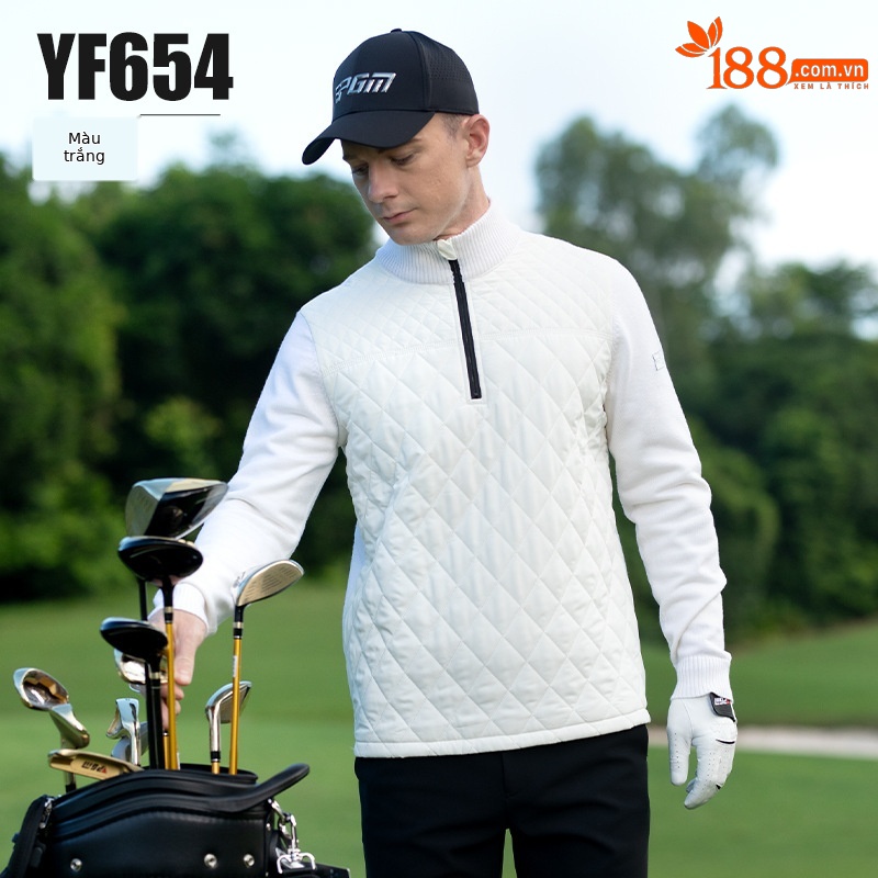 Áo len golf nam cổ đứng có khóa kéo, vải chần bông giữ ấm — YF654-Áo trắng [chần bông], YF654-Áo đen [chần bông]