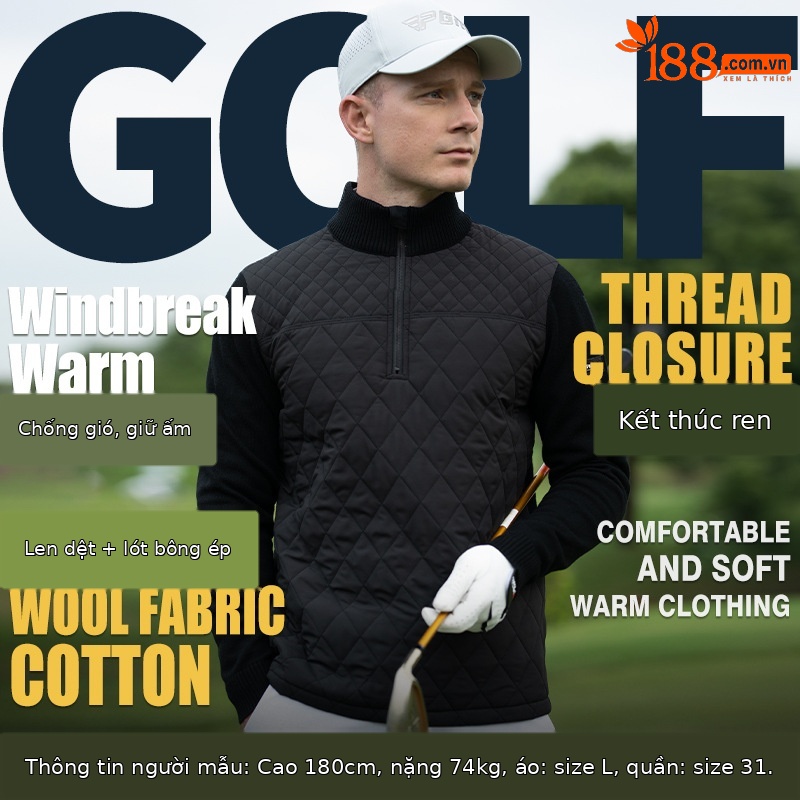 Áo len golf nam cổ đứng có khóa kéo, vải chần bông giữ ấm — YF654-Áo trắng [chần bông], YF654-Áo đen [chần bông]
