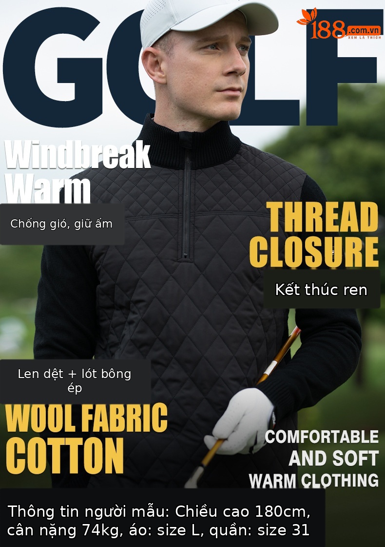 Áo len golf nam cổ đứng có khóa kéo, vải chần bông giữ ấm — YF654-Áo trắng [chần bông], YF654-Áo đen [chần bông] chi tiết 3
