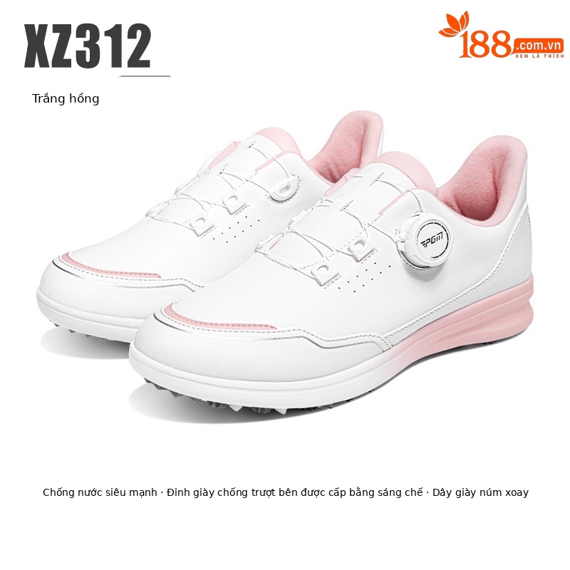 Giày golf nữ PGM Gradient chống thấm nước siêu sợi, đế chống trượt, nút xoay tiện lợi — XZ312-Trắng hồng