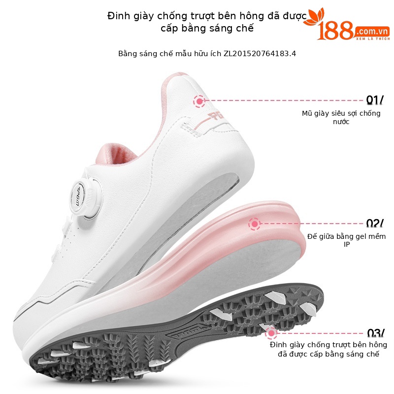 Giày golf nữ PGM Gradient chống thấm nước siêu sợi, đế chống trượt, nút xoay tiện lợi — XZ312-Trắng hồng