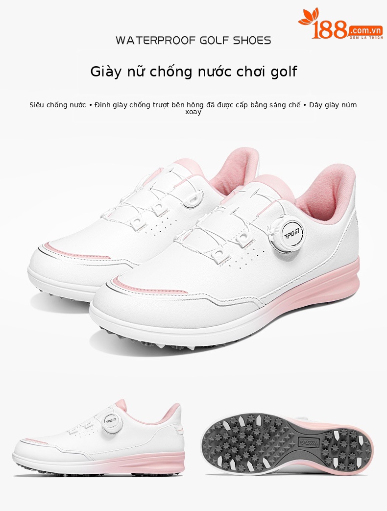 Giày golf nữ PGM Gradient chống thấm nước siêu sợi, đế chống trượt, nút xoay tiện lợi — XZ312-Trắng hồng chi tiết 3