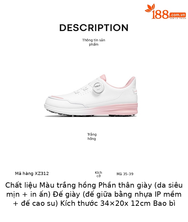Giày golf nữ PGM Gradient chống thấm nước siêu sợi, đế chống trượt, nút xoay tiện lợi — XZ312-Trắng hồng chi tiết 7