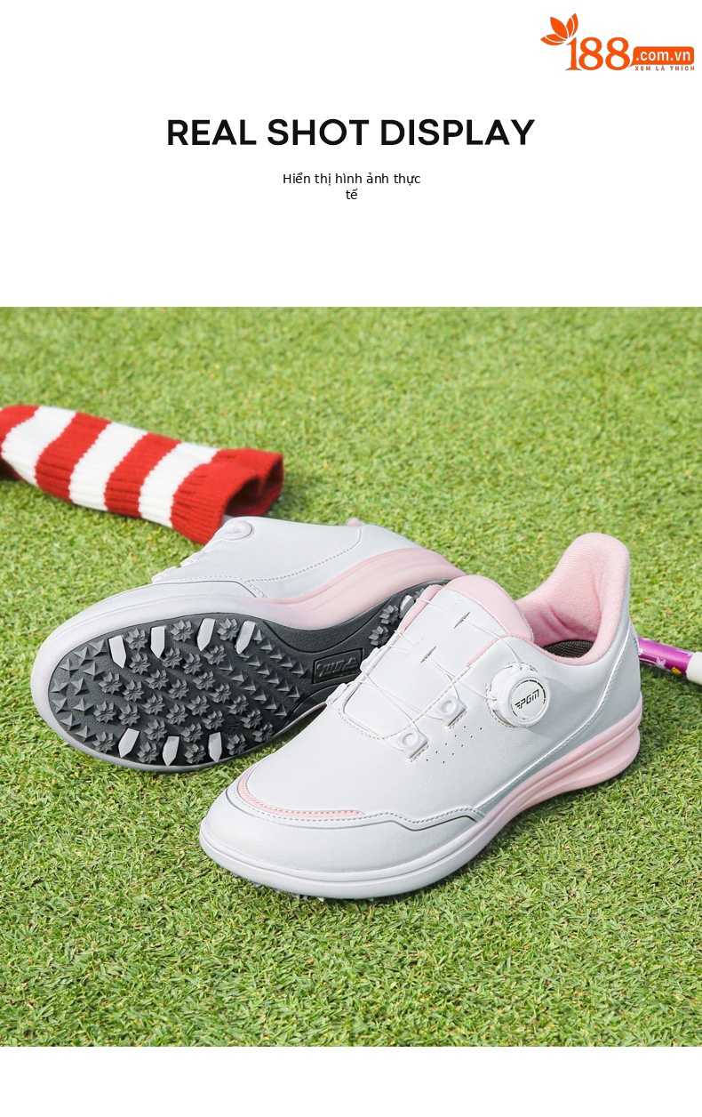 Giày golf nữ PGM Gradient chống thấm nước siêu sợi, đế chống trượt, nút xoay tiện lợi — XZ312-Trắng hồng chi tiết 8