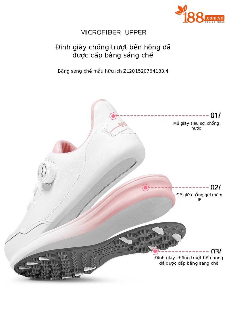 Giày golf nữ PGM Gradient chống thấm nước siêu sợi, đế chống trượt, nút xoay tiện lợi — XZ312-Trắng hồng chi tiết 4