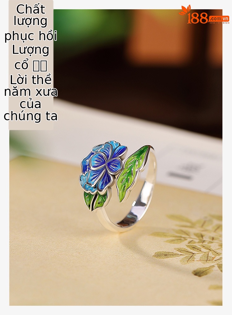 Vòng tay bạc S999 phong cách dân tộc họa tiết hoa sen cloisonne có thể điều chỉnh — Mở một size chi tiết 1