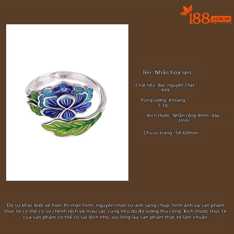 Vòng tay bạc S999 phong cách dân tộc họa tiết hoa sen cloisonne có thể điều chỉnh — Mở một size chi tiết 2