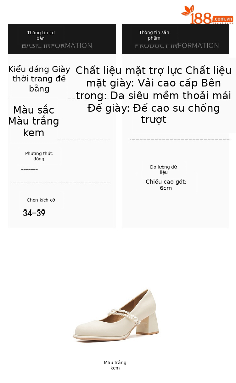 Giày cao gót nữ mũi tròn gót thô phối ngọc trai — Màu trắng be chi tiết 3