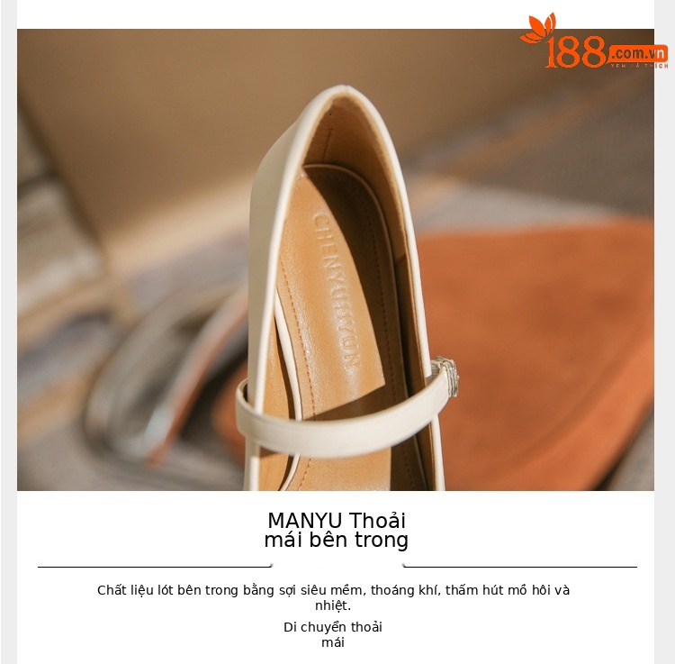 Giày Mary Jane nữ mũi tròn gót thô buộc nơ — Màu trắng be chi tiết 5