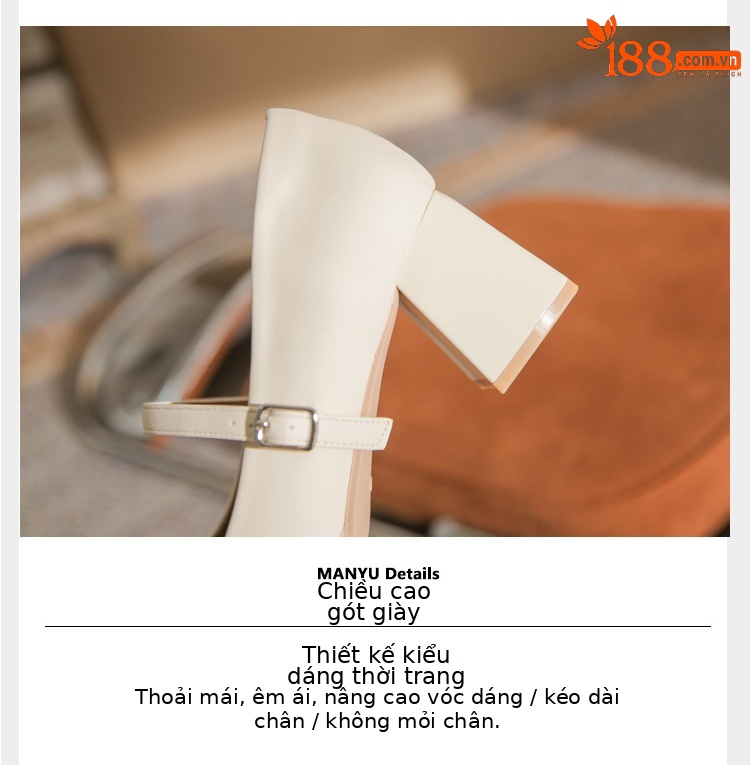 Giày Mary Jane nữ mũi tròn gót thô buộc nơ — Màu trắng be chi tiết 6
