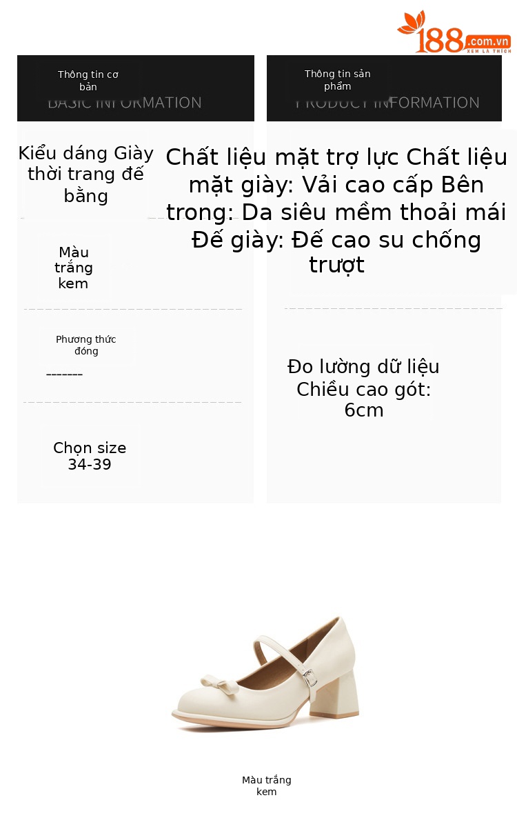 Giày Mary Jane nữ mũi tròn gót thô buộc nơ — Màu trắng be chi tiết 3