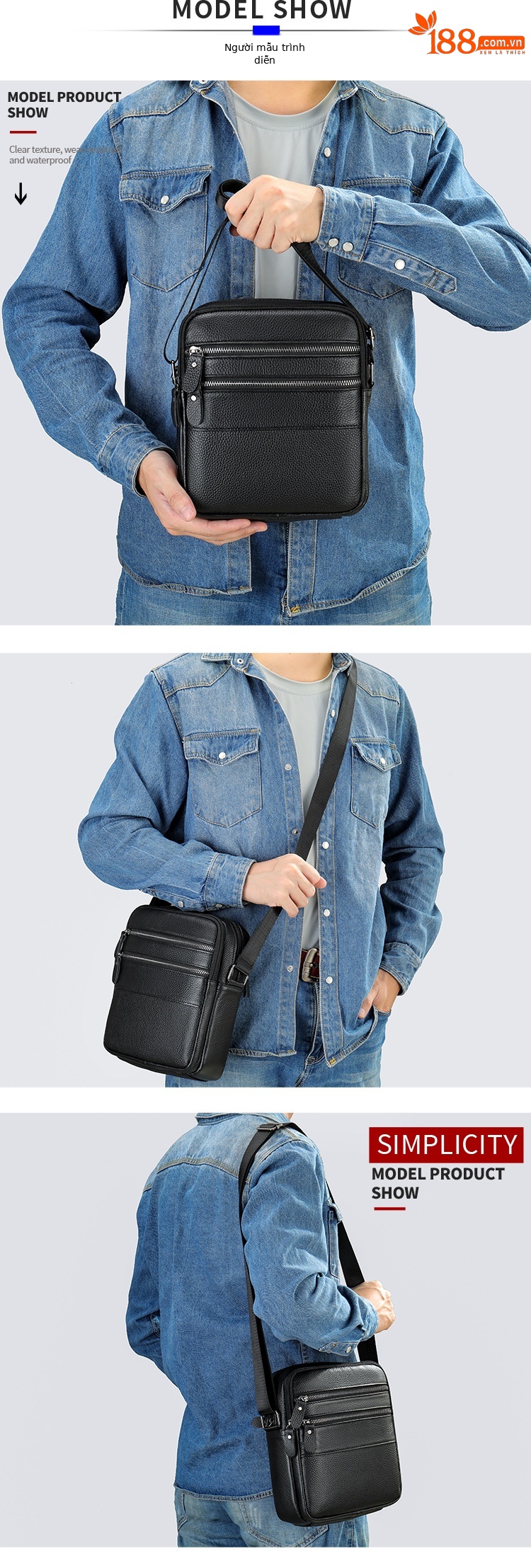 Túi đeo chéo nam da bò thật phong cách cổ điển, đựng iPad, đi làm đi chơi — Màu đen chi tiết 4
