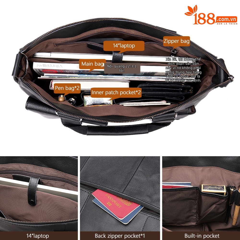 Cặp da bò thật nam cổ điển, túi xách một vai da bò lớp đầu tiên, đựng laptop 14 inch — Màu đen, Cà phê-Mờ, Màu đen (Dòng Màu Be), Màu nâu vàng