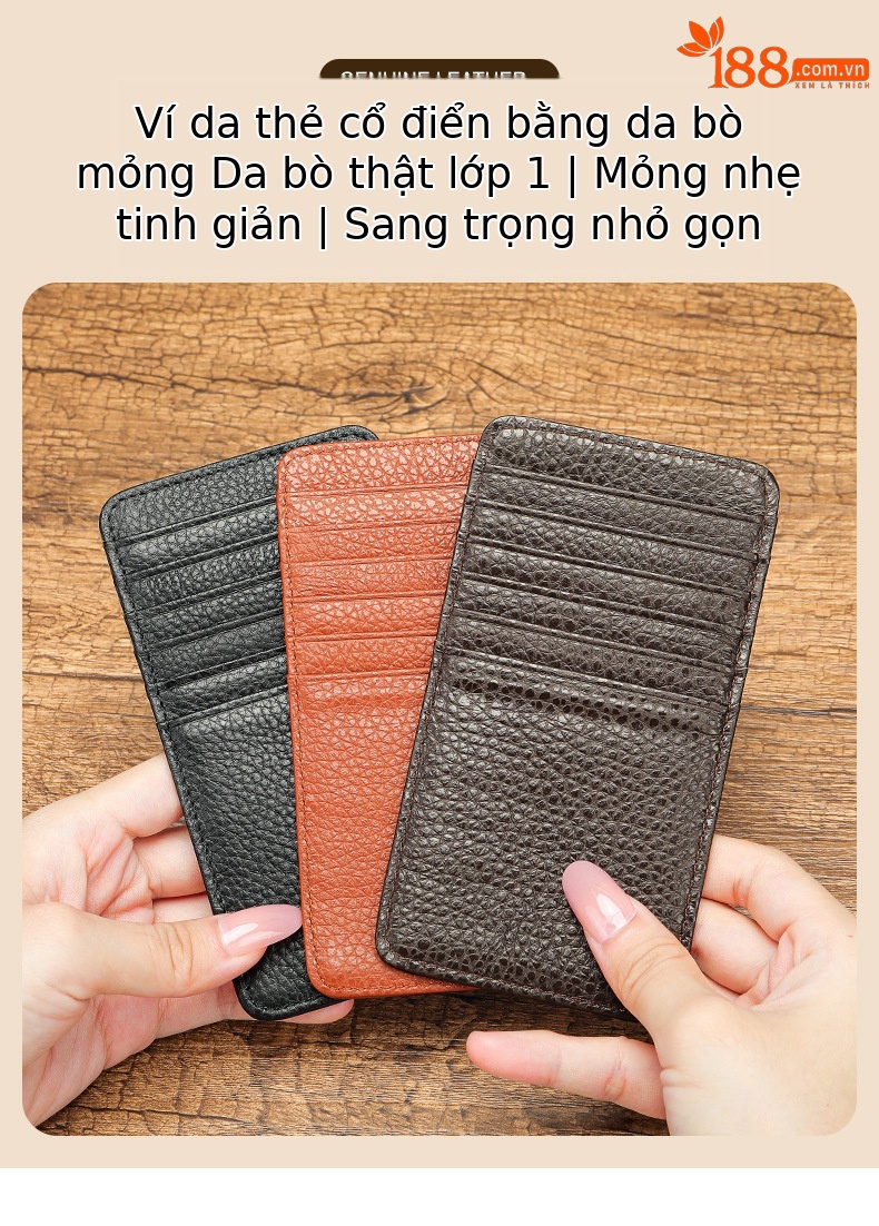 Ví card holder da bò thật nhiều ngăn, siêu mỏng gọn nhẹ — Màu đen, Cà phê, Màu nâu chi tiết 1