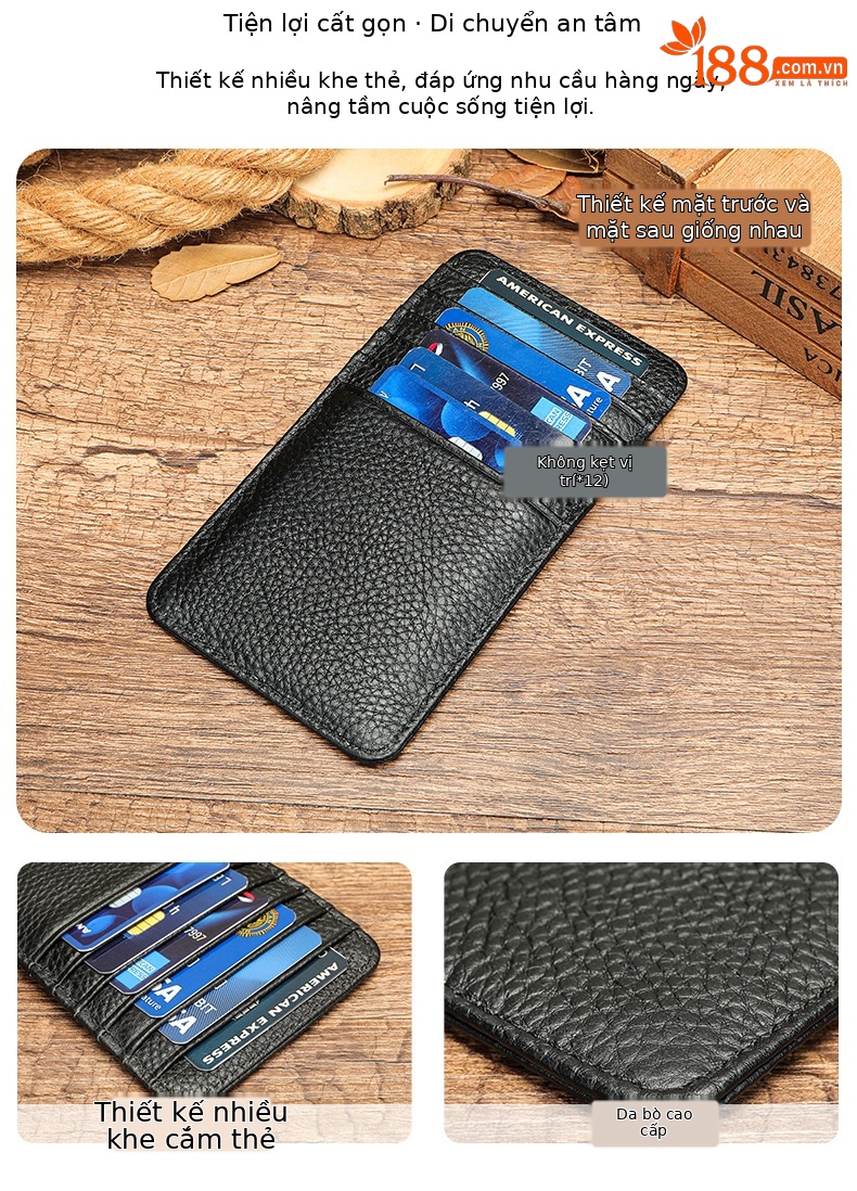 Ví card holder da bò thật nhiều ngăn, siêu mỏng gọn nhẹ — Màu đen, Cà phê, Màu nâu chi tiết 6