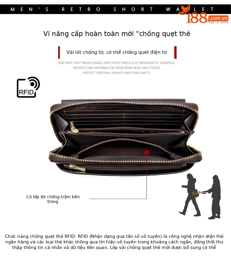 Ví nam dáng dài da bò nhiều ngăn thẻ chống trộm RFID khóa kéo — Màu đen, Cà phê, Cà phê dầu chi tiết 3
