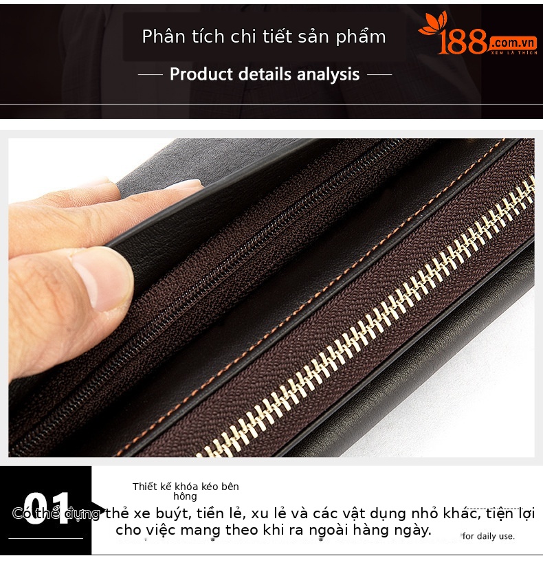 Ví nam dáng dài da bò nhiều ngăn thẻ chống trộm RFID khóa kéo — Màu đen, Cà phê, Cà phê dầu chi tiết 9
