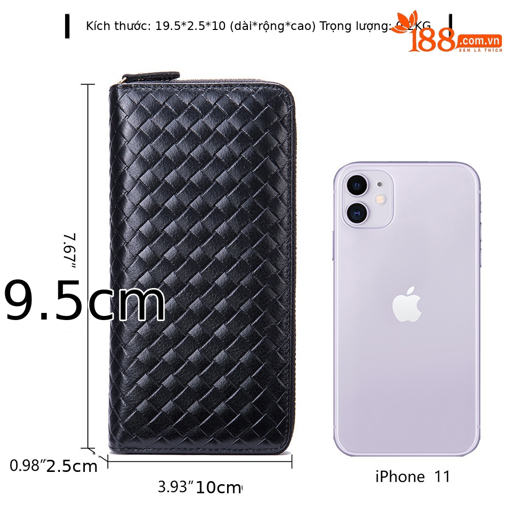 Ví da dài kẻ sọc dệt thời trang, dây kéo, nhiều khe thẻ tín dụng dung tích lớn, kiểu cầm tay — Màu đen, Màu cà phê