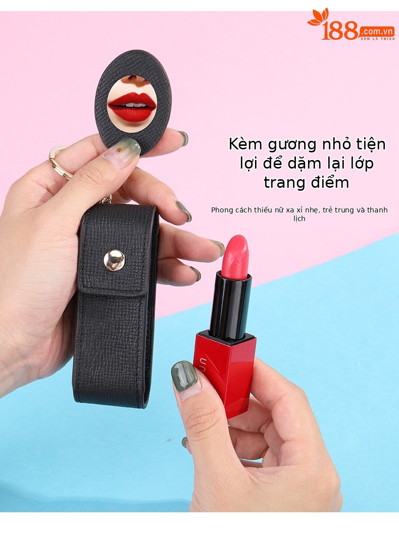 Ví cầm tay nữ phong bì da bò thật kèm gương và móc khóa — Màu đen, Màu hồng chi tiết 3