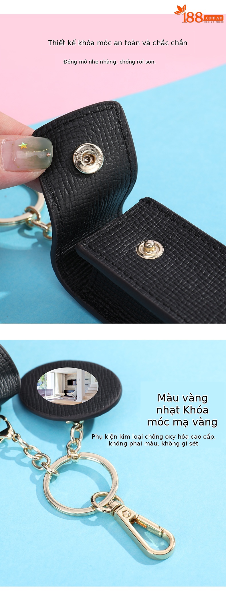 Ví cầm tay nữ phong bì da bò thật kèm gương và móc khóa — Màu đen, Màu hồng chi tiết 6
