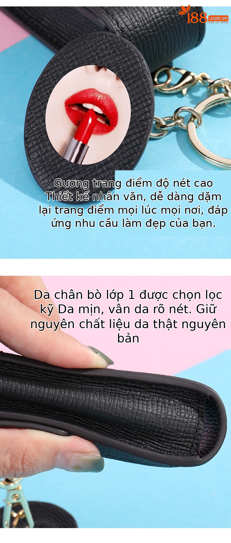 Ví cầm tay nữ phong bì da bò thật kèm gương và móc khóa — Màu đen, Màu hồng chi tiết 7