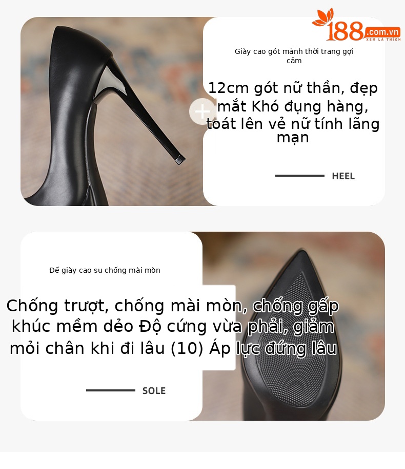 Giày cao gót nữ mũi nhọn đế platform chống nước — Màu đen chi tiết 2