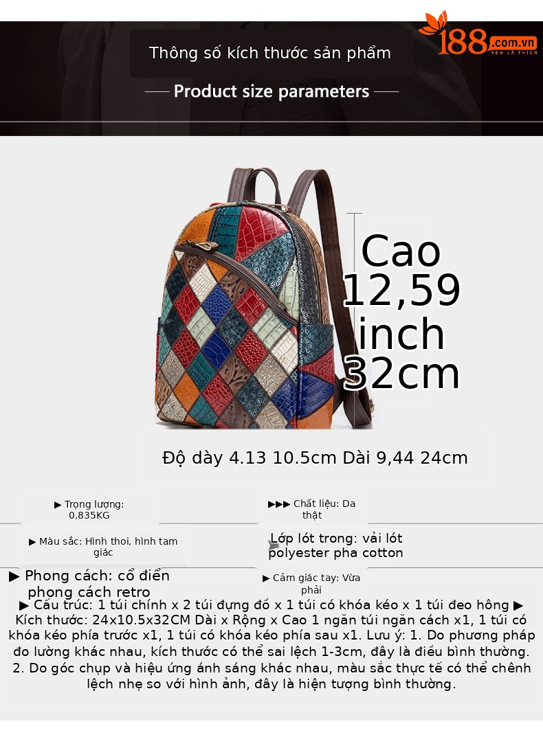 Ba lô nữ da bò thật thủ công cổ điển NIUCUNZH — 7483 hình thoi, Tam giác 7483 chi tiết 5