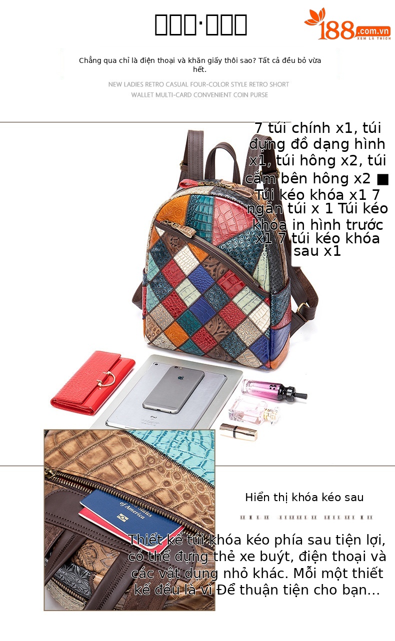Ba lô nữ da bò thật thủ công cổ điển NIUCUNZH — 7483 hình thoi, Tam giác 7483 chi tiết 4