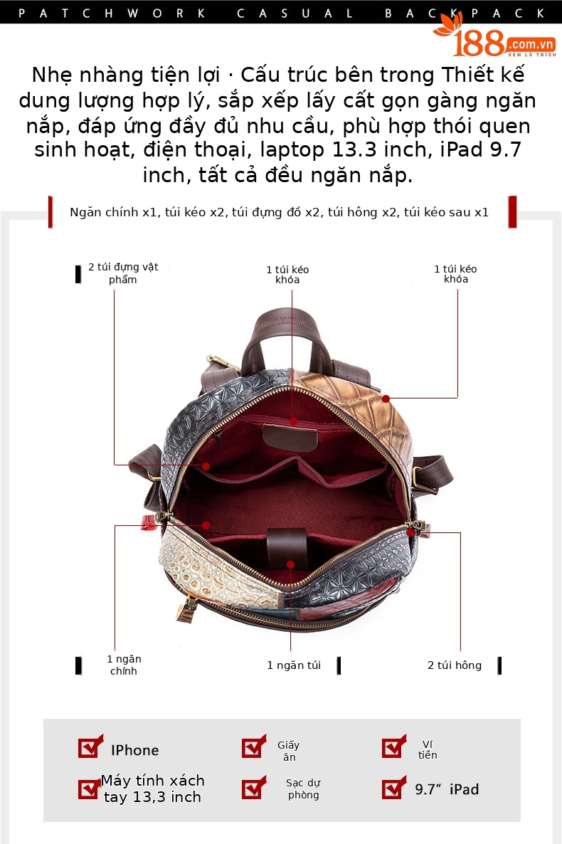 Ba lô nữ da bò thật thủ công cổ điển NIUCUNZH — 7483 hình thoi, Tam giác 7483 chi tiết 6