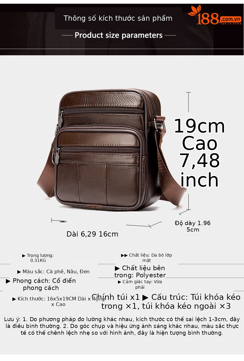 Túi đeo chéo nam da bò lớp đầu tiên kiểu dáng công sở, nhỏ gọn đeo vai dọc — Màu đen, Cà phê chi tiết 7