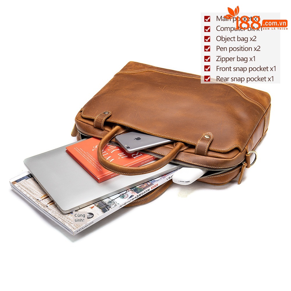 Túi đeo chéo da thật phong cách retro châu Âu, đựng laptop 14 inch, cặp xách tay công sở — Cà phê 7375, 7375 cà phê đen