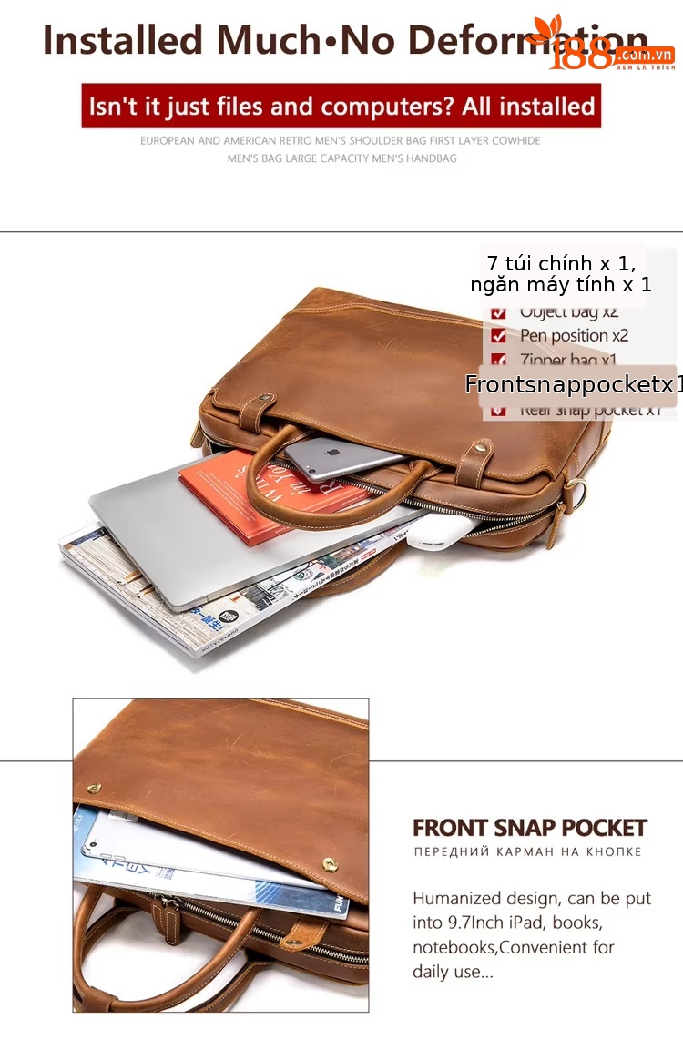 Túi đeo chéo da thật phong cách retro châu Âu, đựng laptop 14 inch, cặp xách tay công sở — Cà phê 7375, 7375 cà phê đen chi tiết 4