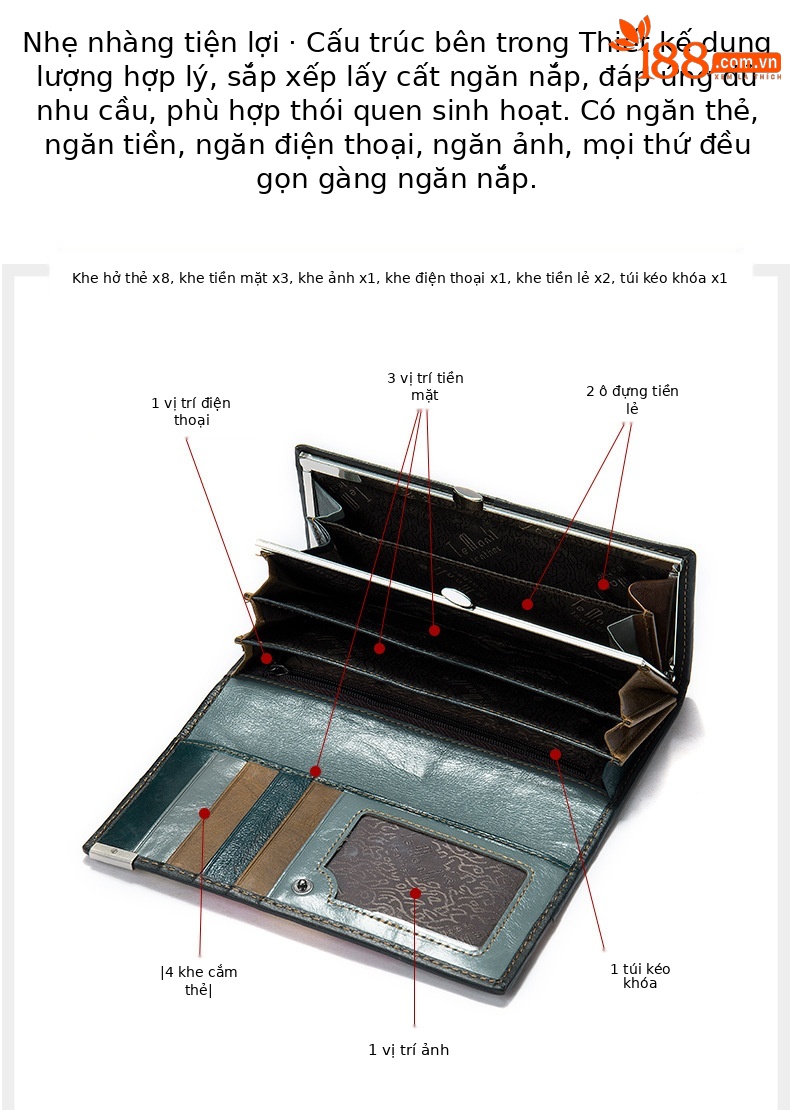 Ví cầm tay nữ da bò dáng dài có khóa gập, đựng thẻ và tiền lẻ — Ví nữ phổ biến OZONE màu đỏ 1070, Ví nữ phổ biến OZON màu đen 1070, Ví nữ phổ biến OZON màu nâu sẫm 1070, 4131 ví da dầu nữ hình thoi chi tiết 8