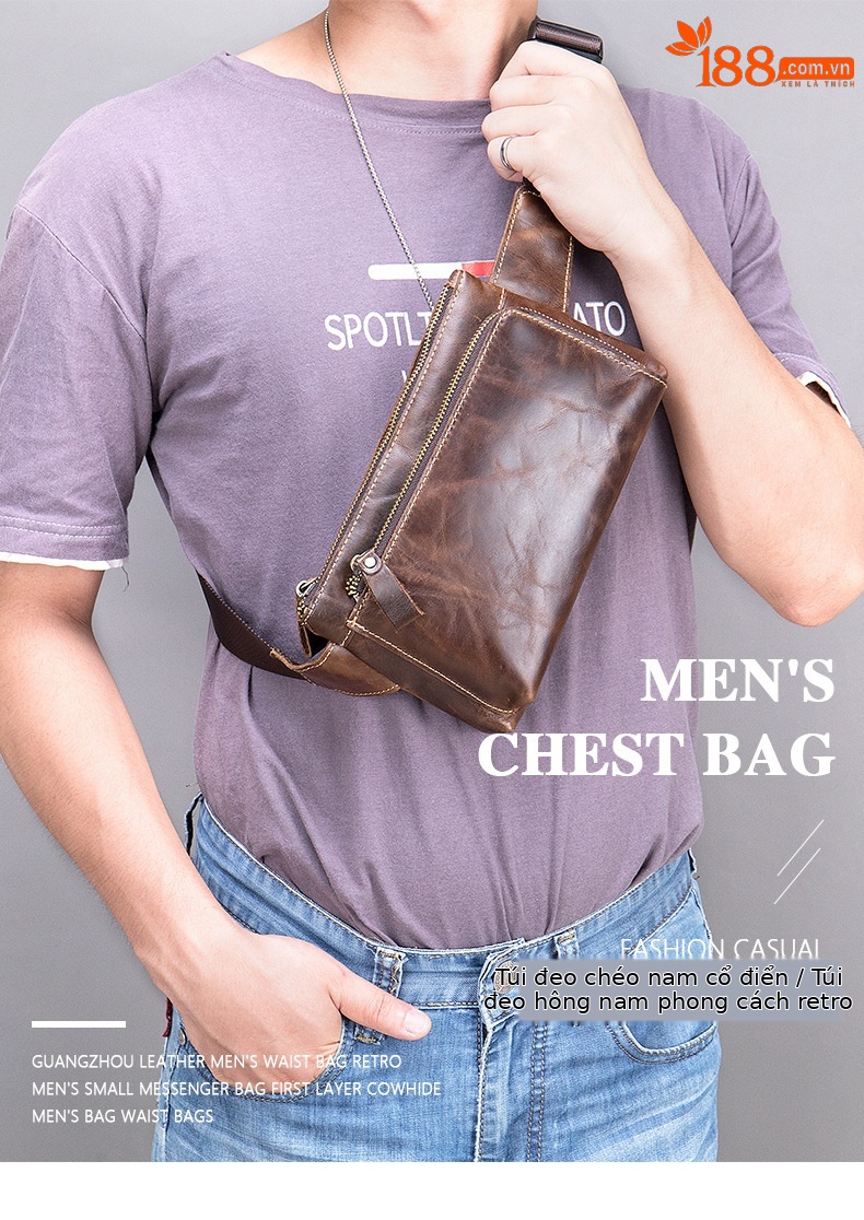 Túi đeo thắt lưng nam da bò retro sáp dầu phong cách Âu Mỹ chống trộm, đựng điện thoại và đồ cá nhân — Màu đen, Cà phê dầu chi tiết 1