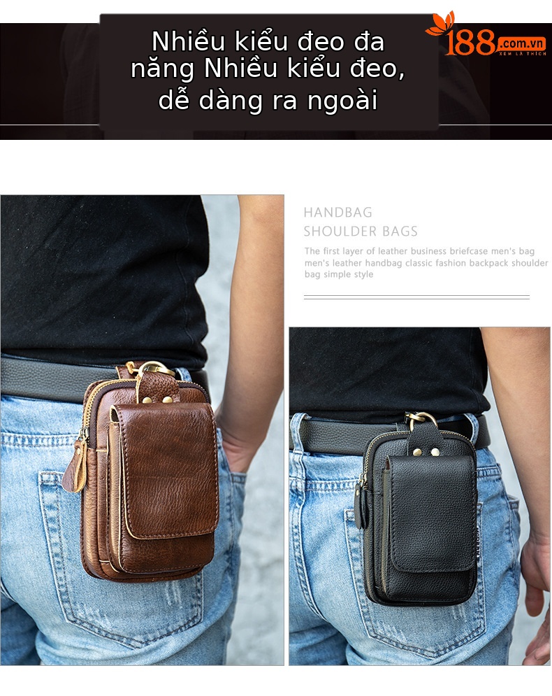Túi đeo thắt lưng nam da chống nước đa năng, phù hợp đi làm, đi xe đạp, thể thao ngoài trời — Màu đen, Màu nâu, Cà phê chi tiết 10