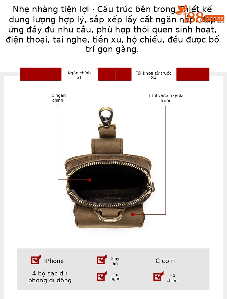 Túi đeo thắt lưng nam da chống nước đa năng, phù hợp đi làm, đi xe đạp, thể thao ngoài trời — Màu đen, Màu nâu, Cà phê chi tiết 13