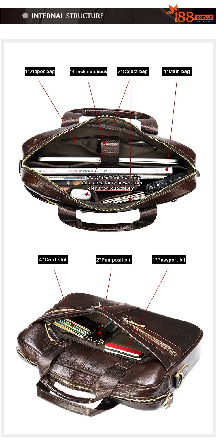 Cặp da bò thật nam nhiều ngăn đệm laptop 14 inch, phong cách kinh doanh, xách tay và đeo chéo — Màu đen, Cà phê đậm (14 inch), Phiên bản nâng cấp màu đen (15.6 inch) chi tiết 4