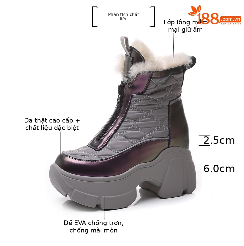 Bốt đi tuyết nữ cổ cao độn gót siêu cao, đế dày giữ ấm lót nhung — Màu đen lót nhung chi tiết 3