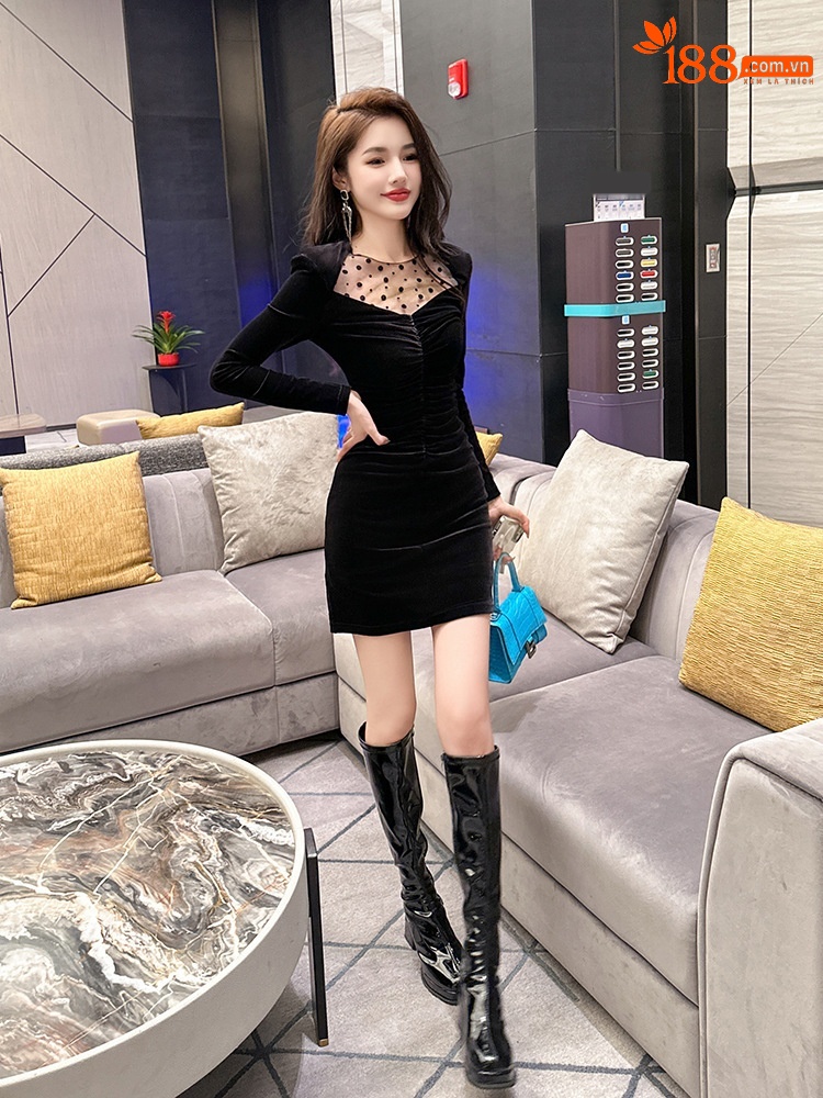 Đầm ôm body nữ chất nhung kết hợp lưới chấm bi — Màu đen