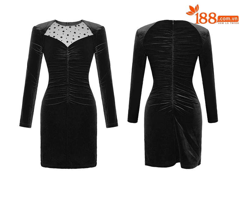 Đầm ôm body nữ chất nhung kết hợp lưới chấm bi — Màu đen chi tiết 3