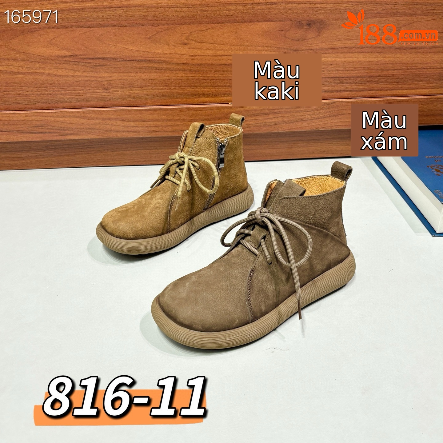 Boot nữ da thật cổ cao mũi tròn dây kéo bên lót nhung ấm — Màu xám chi tiết 5
