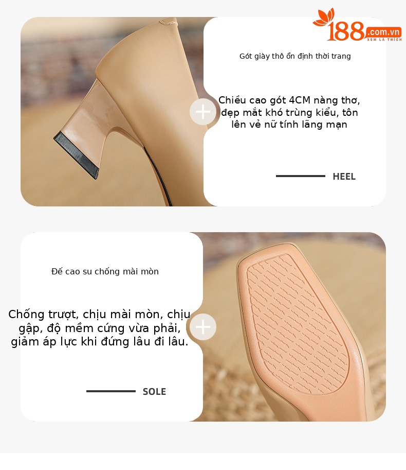 Giày cao gót nữ mũi vuông gót thô kiểu Pháp, gót thấp trung bình, chuyên nghiệp công sở — Màu đen chi tiết 3