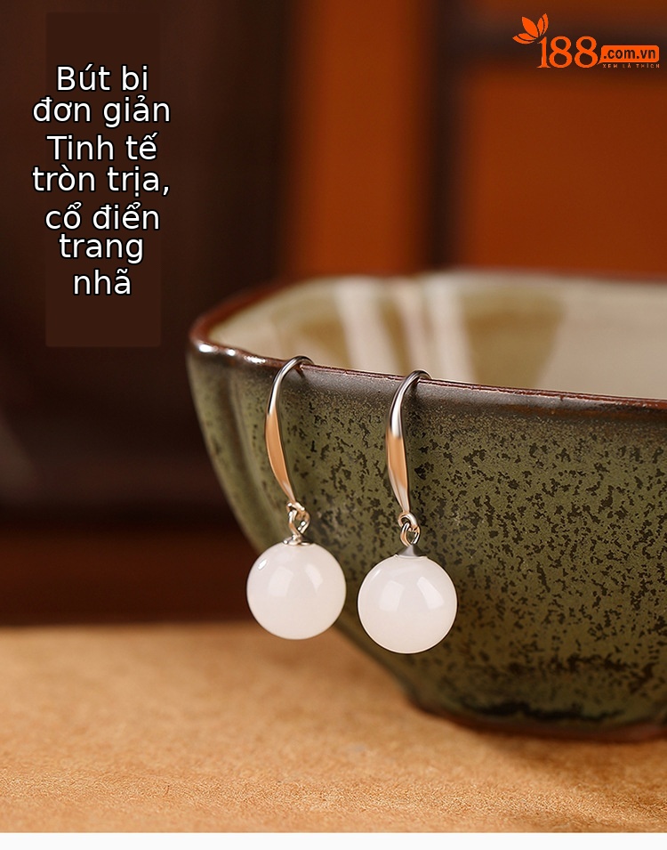 Bông tai bạc S925 hạt tròn đính ngọc trắng Hetian thiết kế đơn giản thời trang — Một cặp chi tiết 1