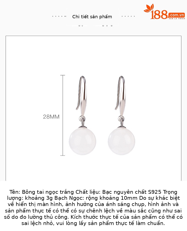Bông tai bạc S925 hạt tròn đính ngọc trắng Hetian thiết kế đơn giản thời trang — Một cặp chi tiết 2