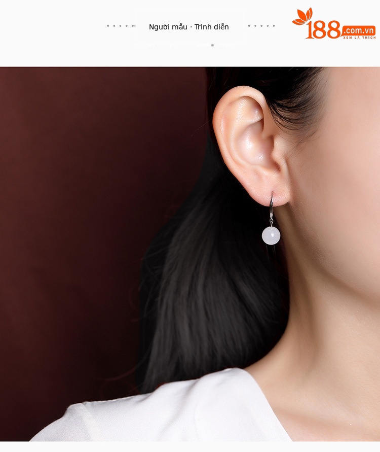 Bông tai bạc S925 hạt tròn đính ngọc trắng Hetian thiết kế đơn giản thời trang — Một cặp chi tiết 3