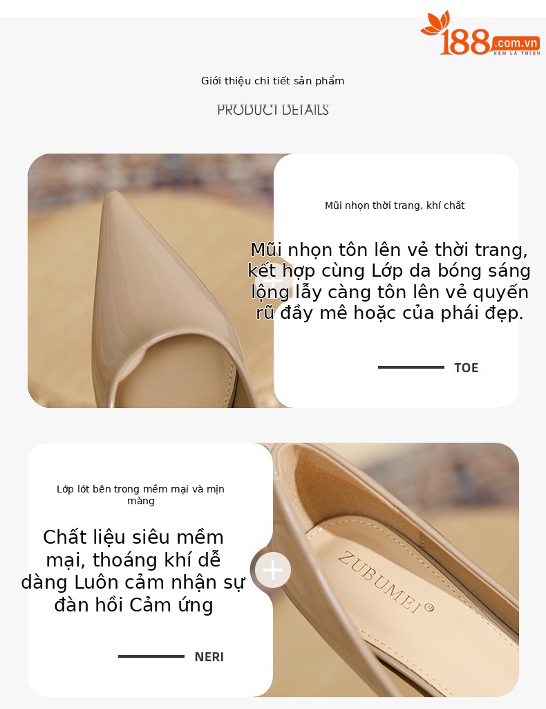 Giày cao gót nữ mũi nhọn da bóng gót 8 cm – giày cưới công sở — Màu Đen-8cm chi tiết 2