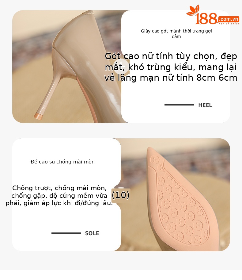 Giày cao gót nữ mũi nhọn da bóng gót 8 cm – giày cưới công sở — Màu Đen-8cm chi tiết 3